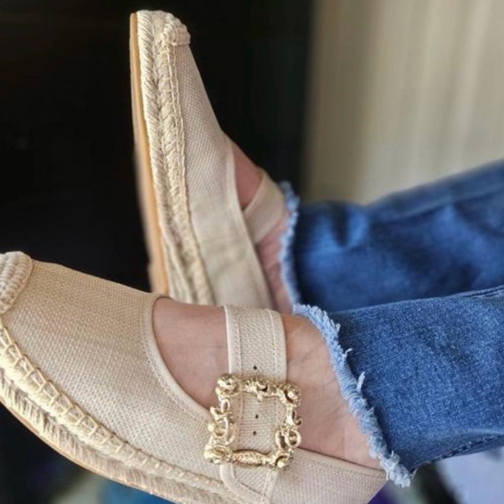 Sam Edelman Beige Espadrille Mary Jane Flats with Rhinestone Buckle - Picture 9 of 10